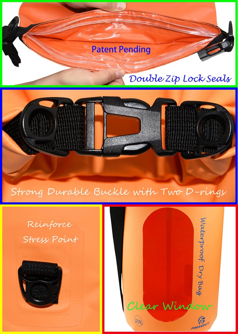 Freegrace Waterproof Dry Bags Set of 3 Dry Bag with 2 Zip Lock Seals & Detachable Shoulder Strap, Waist Pouch & Phone Case - Can Be Submerged Into Water - for Swimming (Orange(Window), 5L) - Image 3